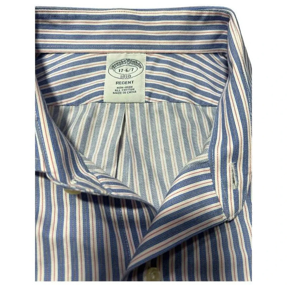 Brooks Brothers Dress Shirt Mens 17-6/7 Blue Pink White Stripe Regent Button Up - Picture 3 of 10